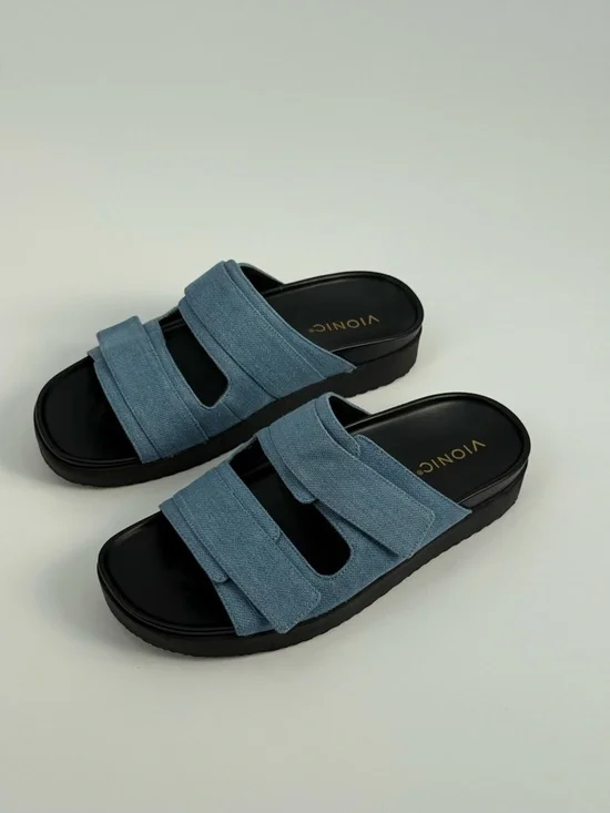 Vionic Riviera Platform Blue Denim Double Strap Slide Sandals Adjustable Velcro - Picture 3 of 15